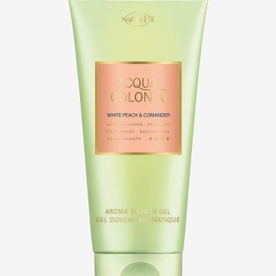 Three green tubes of Maurer 4711 Acqua Colonia White Peach Coriander Shower Gel (200ml each), featuring gold and peach accents, are displayed upright against a white background.