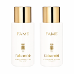 Two bottles of Paco Rabanne Fame Perfumed Body Lotion 200ml, white with gold caps and text, are placed side by side against a white background.