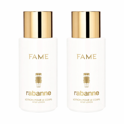 Two bottles of Paco Rabanne Fame Perfumed Body Lotion 200ml, white with gold caps and text, are placed side by side against a white background.