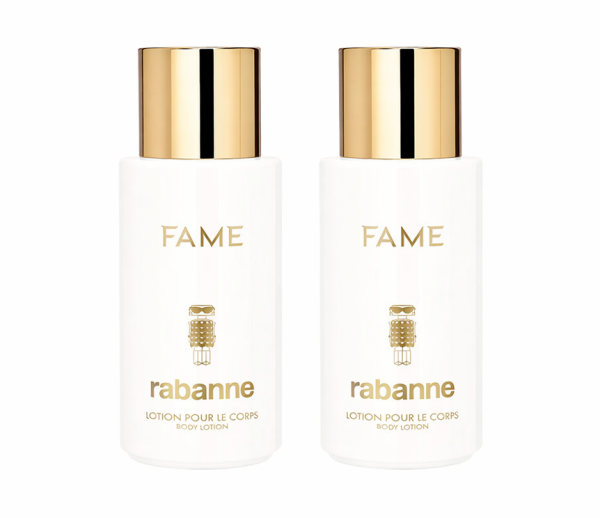 Two bottles of Paco Rabanne Fame Perfumed Body Lotion 200ml, white with gold caps and text, are placed side by side against a white background.