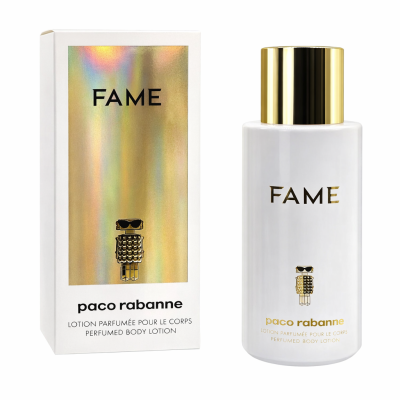 Two bottles of Paco Rabanne Fame Perfumed Body Lotion 200ml each are displayed beside their holographic and white packaging boxes.