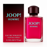 A box and bottle of Joop! Homme EDT for Men, 75ml Eau de Toilette Spray, featuring bold turquoise text on a red and black background.