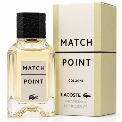 A bottle of Lacoste Match Point Cologne EDT for Men, 100ml is displayed next to its box. Both the label and packaging show the brand name, product name, and a volume of 100ml.