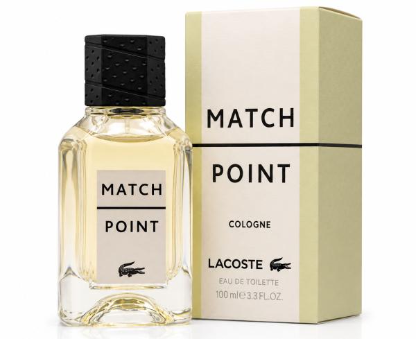 A bottle of Lacoste Match Point Cologne EDT for Men, 100ml is displayed next to its box. Both the label and packaging show the brand name, product name, and a volume of 100ml.