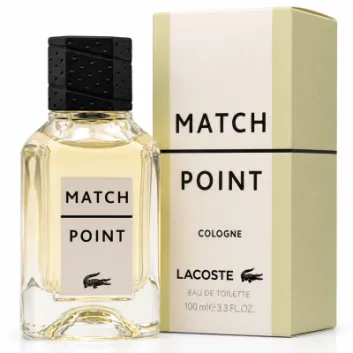 A bottle of Lacoste Match Point Cologne EDT for Men, 100ml is displayed next to its box. Both the label and packaging show the brand name, product name, and a volume of 100ml.