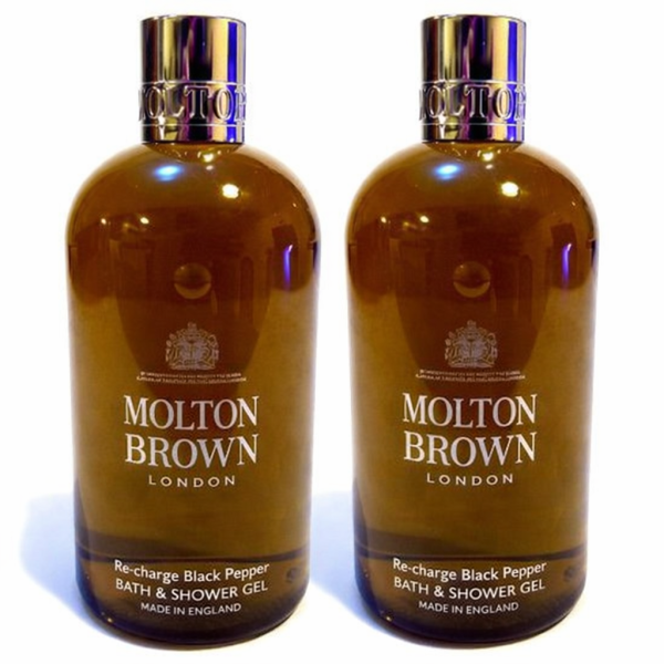 Two bottles of 2x Molton Brown Re-Charge Black Pepper 300ml Body Wash Shower Gel for Men are displayed side by side on a white background.