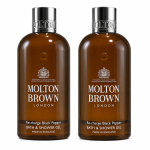 Two bottles of Molton Brown Re-Charge Black Pepper 300ml Body Wash Shower Gel for Men are displayed side by side against a white background.