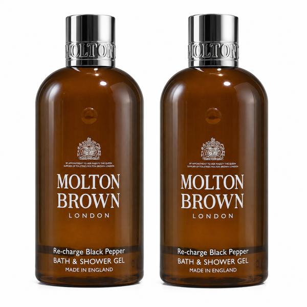 Two bottles of Molton Brown Re-Charge Black Pepper 300ml Body Wash Shower Gel for Men are displayed side by side against a white background.