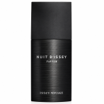 A matte black bottle of Issey Miyake Nuit d’Issey EDP Eau De Parfum Spray for Men, 75ml, is displayed against a white background, featuring the product name in white lettering on the front.