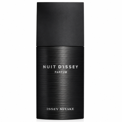 A matte black bottle of Issey Miyake Nuit d’Issey EDP Eau De Parfum Spray for Men, 75ml, is displayed against a white background, featuring the product name in white lettering on the front.