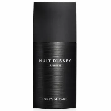 A matte black bottle of Issey Miyake Nuit d’Issey EDP Eau De Parfum Spray for Men, 75ml, is displayed against a white background, featuring the product name in white lettering on the front.