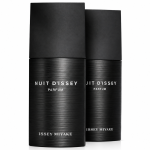 Two black cylindrical bottles of Issey Miyake Nuit d’Issey EDP Eau De Parfum Spray for Men, 75ml, are standing side by side on a white background.
