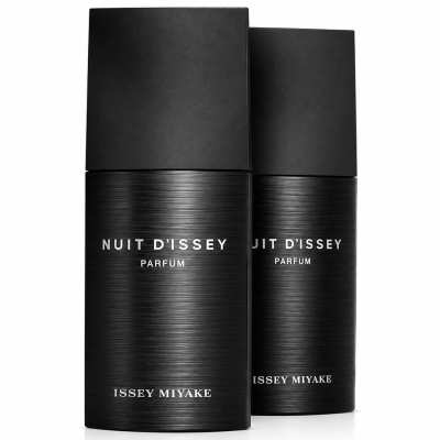 Two black cylindrical bottles of Issey Miyake Nuit d’Issey EDP Eau De Parfum Spray for Men, 75ml, are standing side by side on a white background.