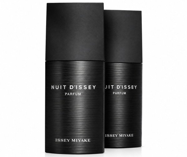Two black cylindrical bottles of Issey Miyake Nuit d’Issey EDP Eau De Parfum Spray for Men, 75ml, are standing side by side on a white background.