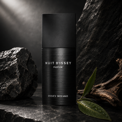 A black bottle of Issey Miyake Nuit d’Issey EDP Eau De Parfum Spray for Men, 75ml, stands upright on a stone surface, surrounded by rocks, a twig, and green leaves in the background.