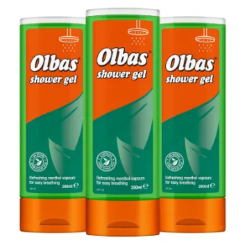 Pack of 3 Olbas Shower Gel bottles with refreshing menthol vapours for easy breathing, 250ml each.