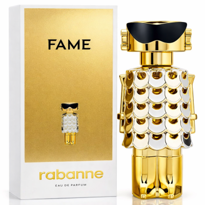 The Paco Rabanne Fame Eau de Parfum for Women, 150ml, is displayed in a gold and silver robot-shaped bottle alongside its matching gold and white packaging.