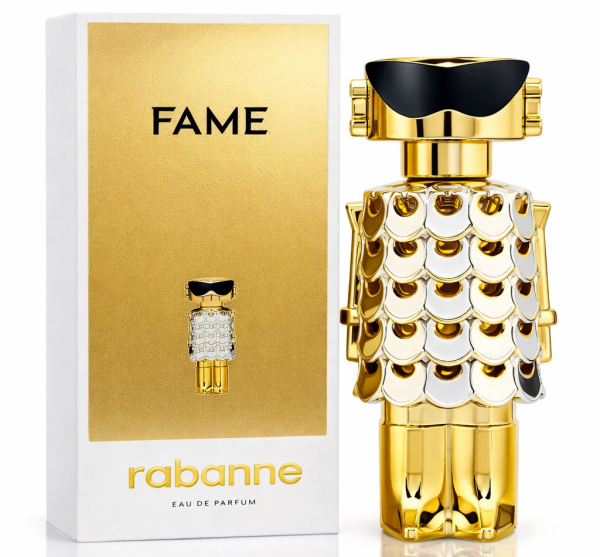 The Paco Rabanne Fame Eau de Parfum for Women, 150ml, is displayed in a gold and silver robot-shaped bottle alongside its matching gold and white packaging.