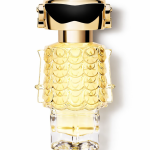 The Paco Rabanne Fame Eau de Parfum for Women (150ml) features a gold and clear robot-shaped bottle with large black sunglasses and a scalloped, textured design.