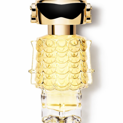 The Paco Rabanne Fame Eau de Parfum for Women (150ml) features a gold and clear robot-shaped bottle with large black sunglasses and a scalloped, textured design.