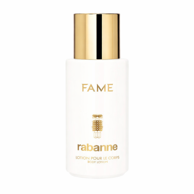 Set of two Paco Rabanne Fame Perfumed Body Lotions (200ml each) in white bottles with gold caps and gold lettering, featuring the logo and product name on the front.