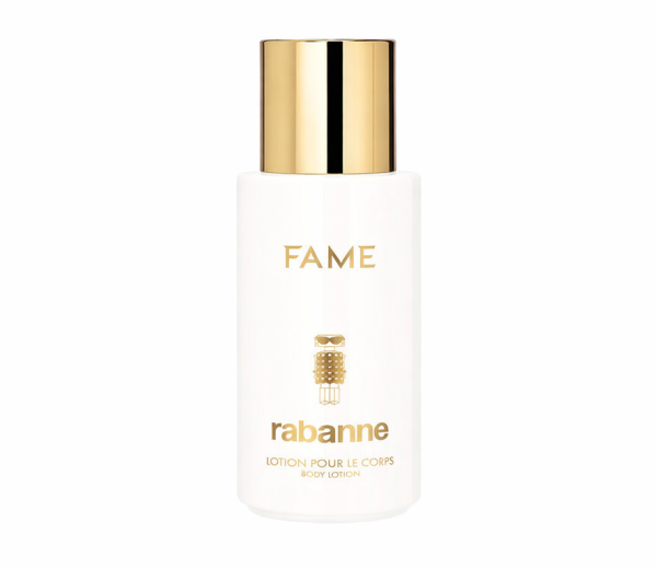 Set of two Paco Rabanne Fame Perfumed Body Lotions (200ml each) in white bottles with gold caps and gold lettering, featuring the logo and product name on the front.