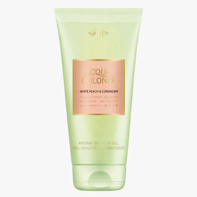 A green 200ml tube of Maurer 4711 Acqua Colonia White Peach Coriander Shower Gel, featuring product details on the front.