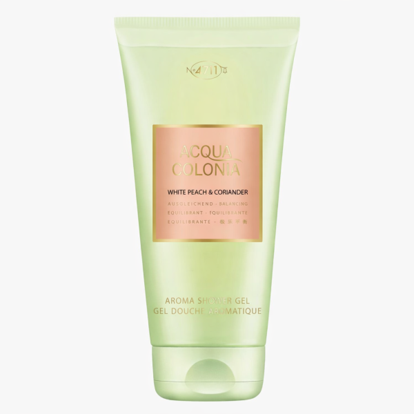 A green 200ml tube of Maurer 4711 Acqua Colonia White Peach Coriander Shower Gel, featuring product details on the front.