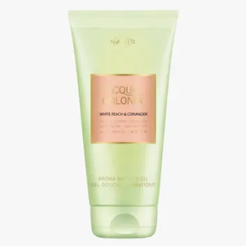 A green 200ml tube of Maurer 4711 Acqua Colonia White Peach Coriander Shower Gel, featuring product details on the front.