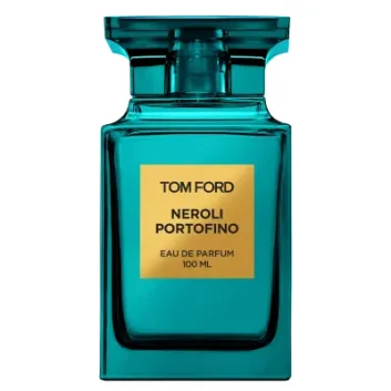 A blue glass bottle of Tom Ford Private Blend Neroli Portofino EDP, Unisex, 100ml, featuring a gold label on the front.