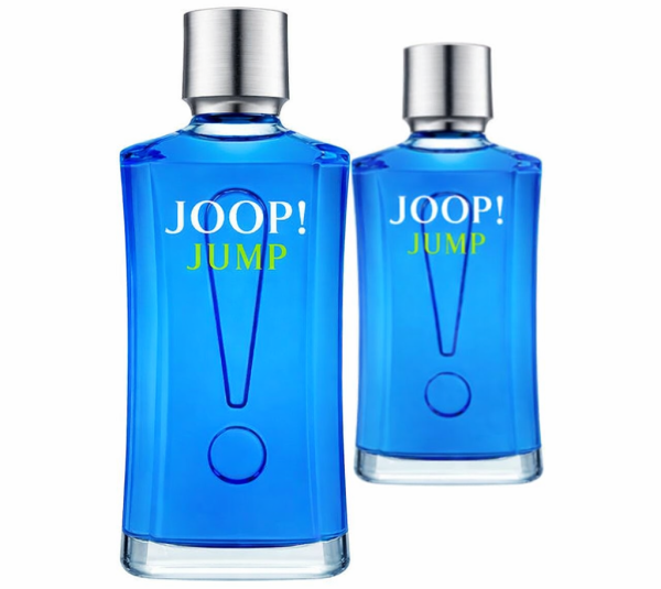 Two blue bottles of Joop Jump EDT for Men, Eau de Toilette (200ml each), feature silver caps and bold branding with an exclamation mark on the front.