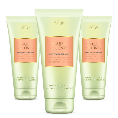 Three tubes of Maurer 4711 Acqua Colonia White Peach Coriander Shower Gel 200ml, featuring light green packaging with peach accents, are displayed against a white background.