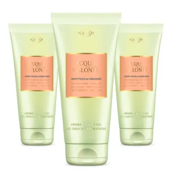 Three tubes of Maurer 4711 Acqua Colonia White Peach Coriander Shower Gel 200ml, featuring light green packaging with peach accents, are displayed against a white background.