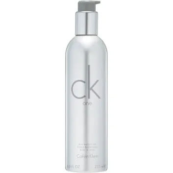 Three silver 250ml pump bottles of CK One Body Moisturiser (CK1, Unisex) are shown upright against a plain background.