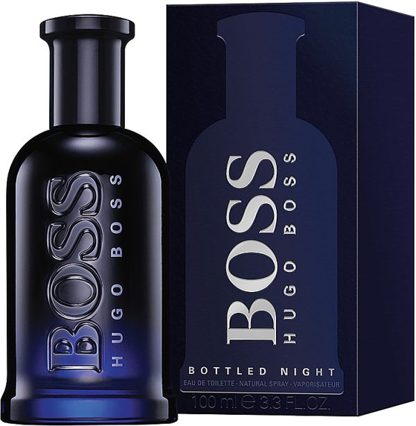 A dark blue bottle of Hugo Boss Boss Bottled Night EDT Spray for Men, 100ml, appears beside its matching box, both featuring the brand name in bold silver letters.