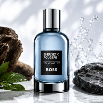 A blue glass bottle of Hugo Boss BOSS The Collection Energetic Fougère EDP Spray, 100ml, stands on a reflective surface, surrounded by rocks, wood, green leaves, and splashing water in the background.