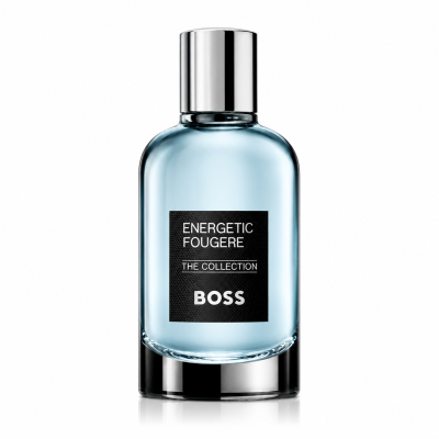 A 100ml clear glass bottle of Hugo Boss BOSS The Collection Energetic Fougère EDP Spray, featuring a silver cap and black label, filled with light blue liquid.