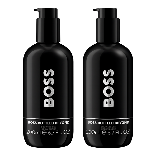 Two black bottles of Hugo Boss Bottled Beyond Shower Gel for Men (200ml each) are shown side by side on a white background.