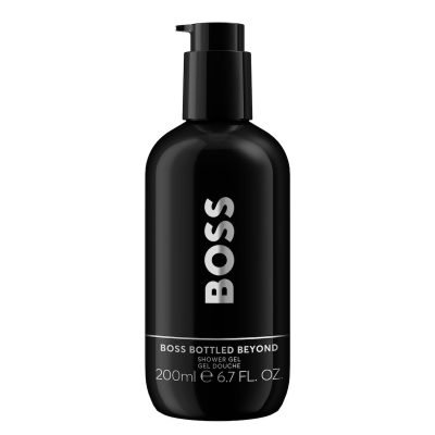 A 200ml bottle of Hugo Boss Boss Bottled Beyond Shower Gel for Men, black with a pump dispenser and white label text.