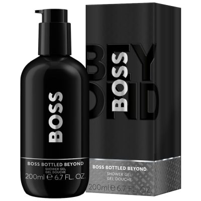 A 200ml bottle of Hugo Boss Boss Bottled Beyond Shower Gel for Men with a pump is displayed beside its matching black box packaging.