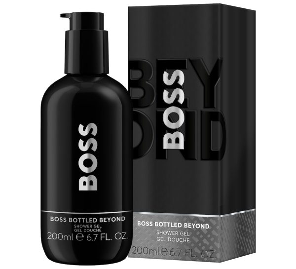 A 200ml bottle of Hugo Boss Boss Bottled Beyond Shower Gel for Men with a pump is displayed beside its matching black box packaging.
