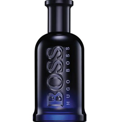 A dark blue glass bottle of Hugo Boss Boss Bottled Night EDT Spray for Men, 100ml, with "BOSS" and "HUGO BOSS" embossed vertically on the front.