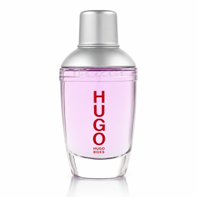 A clear bottle of Hugo Boss Energise EDT Spray for Men (75ml) with pink liquid, a silver cap, and bold red “HUGO” text on the front, set against a white background.