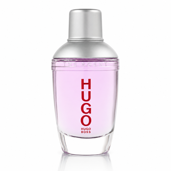 A clear bottle of Hugo Boss Energise EDT Spray for Men (75ml) with pink liquid, a silver cap, and bold red “HUGO” text on the front, set against a white background.