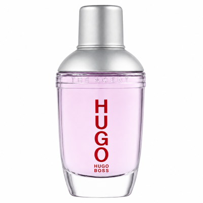 A clear glass bottle of Hugo Boss Energise Eau de Toilette Spray for Men, 75ml, featuring a silver cap, purple liquid inside, and “HUGO” written vertically in red letters on the front.