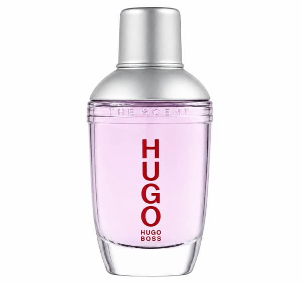 A clear glass bottle of Hugo Boss Energise Eau de Toilette Spray for Men, 75ml, featuring a silver cap, purple liquid inside, and “HUGO” written vertically in red letters on the front. A clear glass bottle of Hugo Boss Energise Eau de Toilette Spray for Men, 75ml, featuring a silver cap, purple liquid inside, and “HUGO” written vertically in red letters on the front.