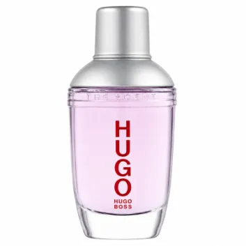 A clear glass bottle of Hugo Boss Energise Eau de Toilette Spray for Men, 75ml, featuring a silver cap, purple liquid inside, and “HUGO” written vertically in red letters on the front.