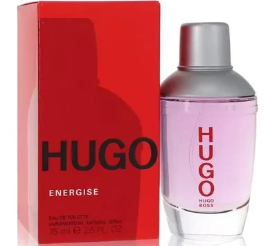 A 75ml bottle of Hugo Boss Energise EDT Spray for Men placed beside its red packaging box.