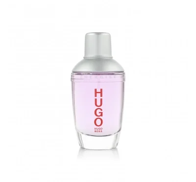 Clear glass bottle of Hugo Boss Energise EDT Spray for Men, 75ml, with light purple liquid, silver cap, and red "HUGO" branding on the front, set against a white background.