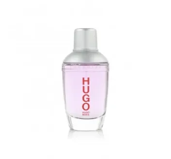 Clear glass bottle of Hugo Boss Energise EDT Spray for Men, 75ml, with light purple liquid, silver cap, and red "HUGO" branding on the front, set against a white background.